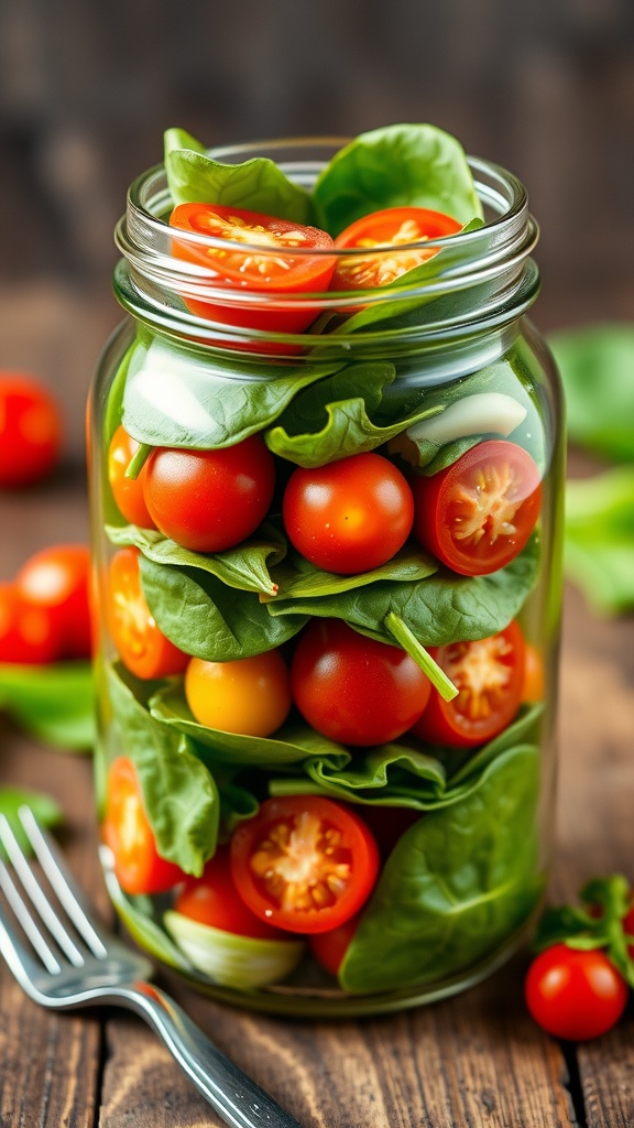 A layered spinach jar salad with spinach, cherry tomatoes, bell peppers, and dressing, placed on a wooden table.